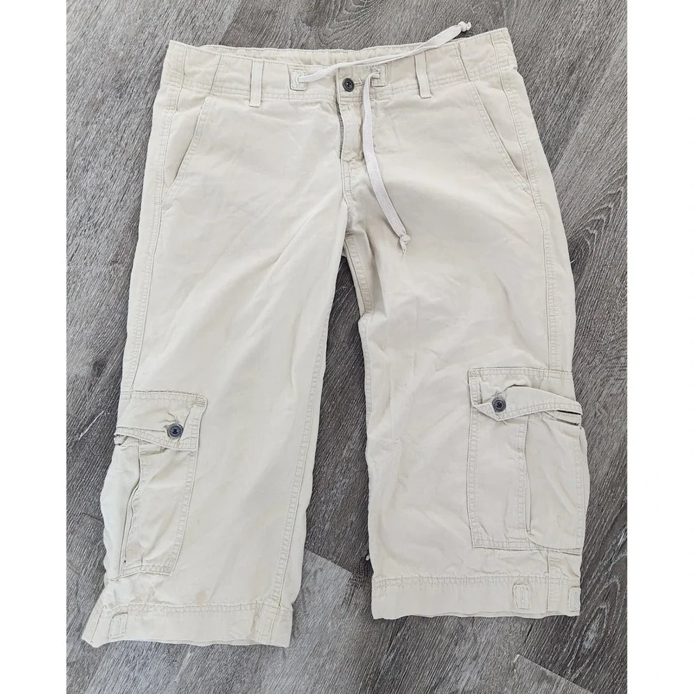 Levis Junior Tan Khaki Cargo Capri Pants Drawstring Cotton Size L JR